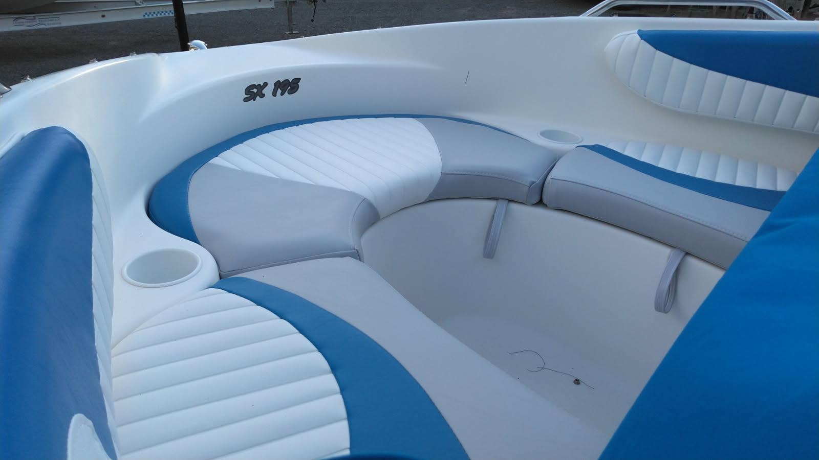Reupholstered boat seat with fresh blue vinyl