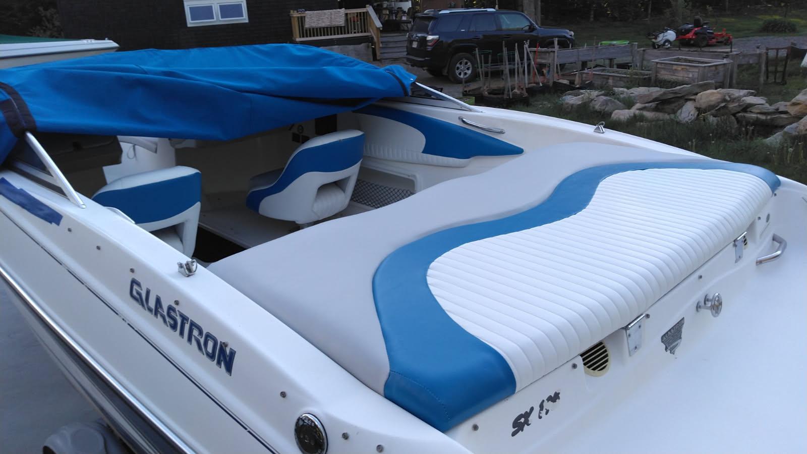 Completed boat interior reupholstery with new vinyl